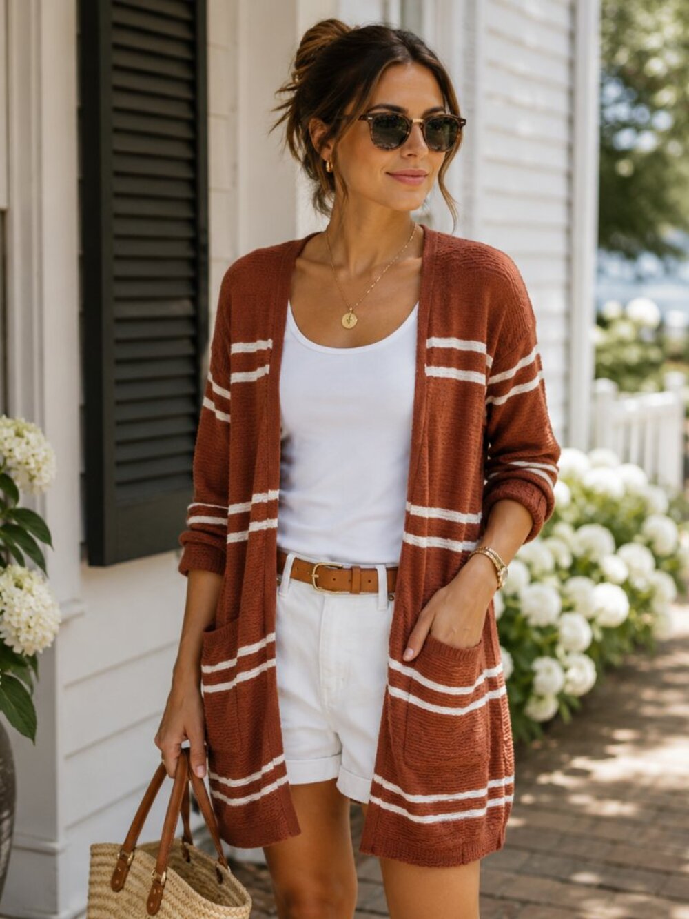 Madewell Stripe Cardigan Rust White Cotton Open Front Cozy Women M